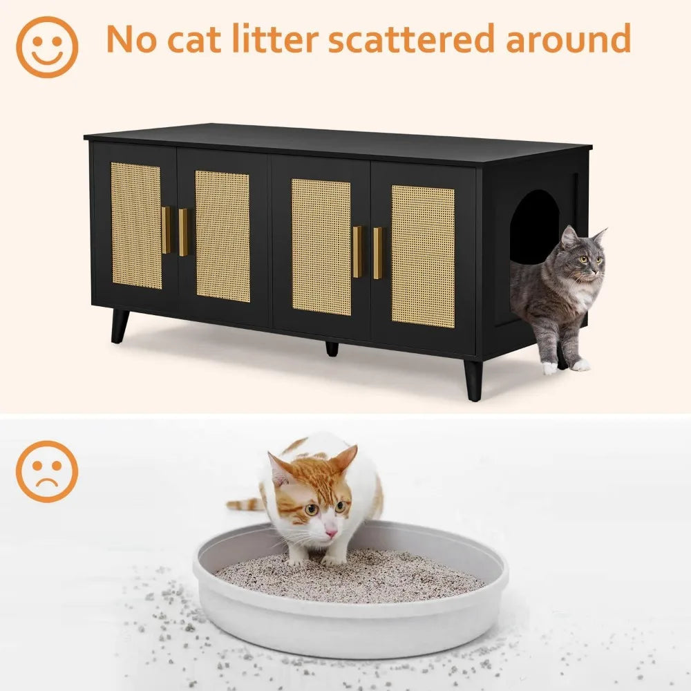 Enhance your home's décor with this Boho-inspired cat litter box enclosure. It is designed for two cats, and features double rattan decorated doors, concealing litter boxes within a stylish wooden washroom.