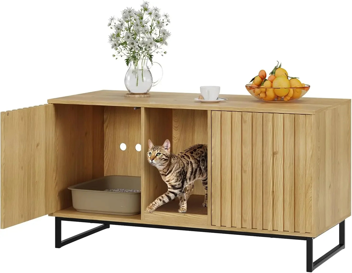 Spacious 47.6-inch double cat litter box enclosure by Fienveorn, designed as hidden furniture with a built-in scratch pad and dual compartments.