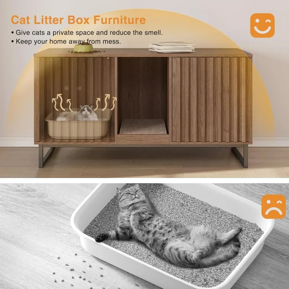 Spacious 47.6-inch double cat litter box enclosure by Fienveorn, designed as hidden furniture with a built-in scratch pad and dual compartments.