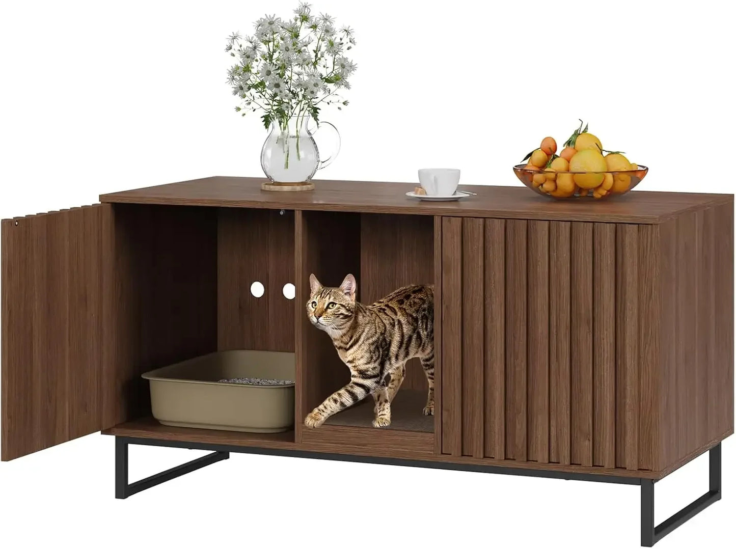 Spacious 47.6-inch double cat litter box enclosure by Fienveorn, designed as hidden furniture with a built-in scratch pad and dual compartments.