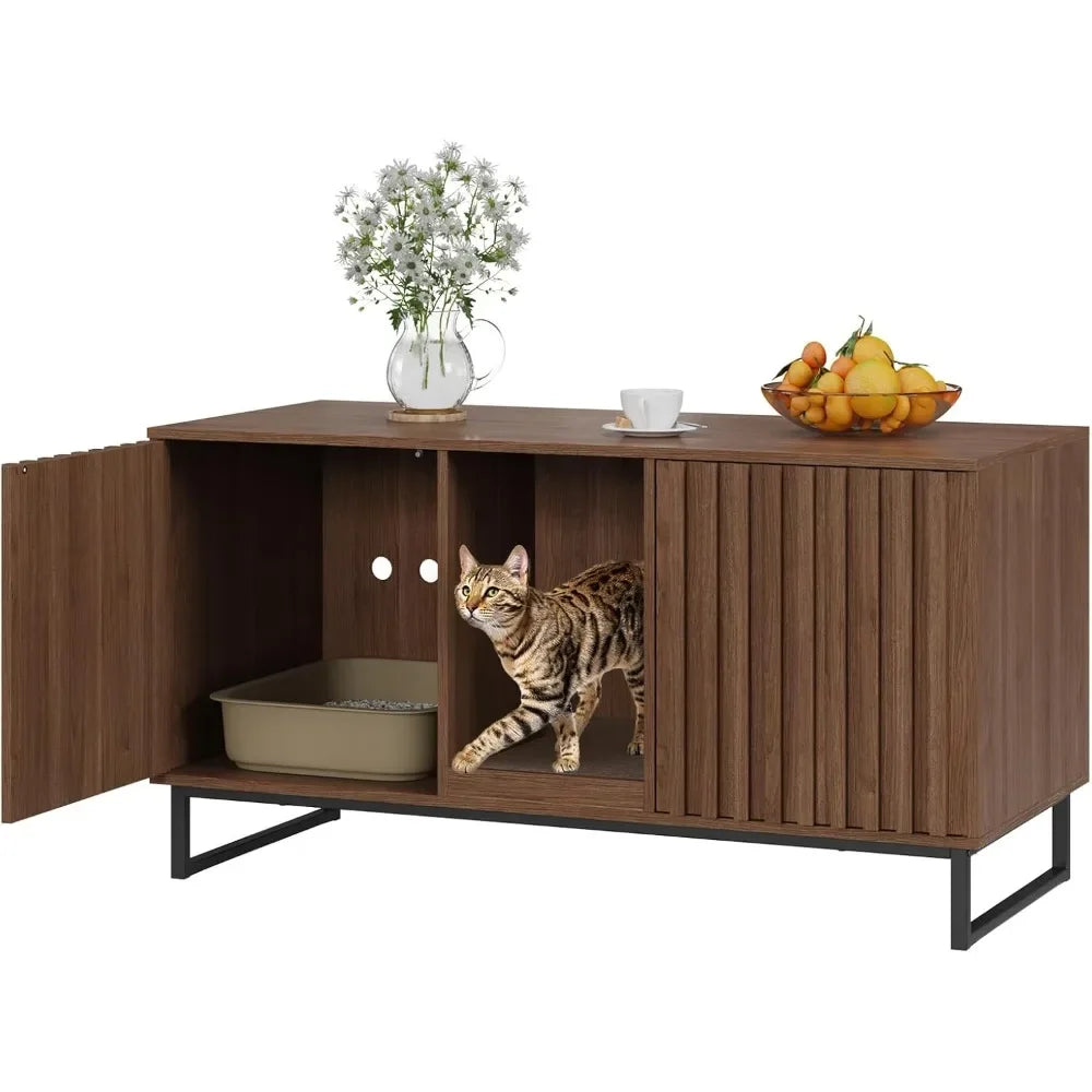 Spacious 47.6-inch double cat litter box enclosure by Fienveorn, designed as hidden furniture with a built-in scratch pad and dual compartments.