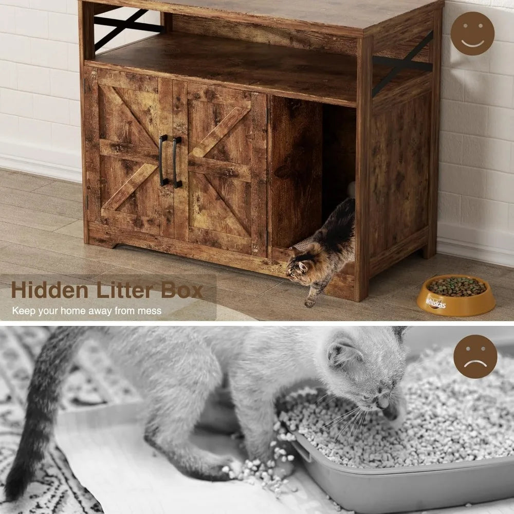 Stylish Cat Litter Box Furniture: Farmhouse End Table with Hidden Litter Area and Scratching Surface.