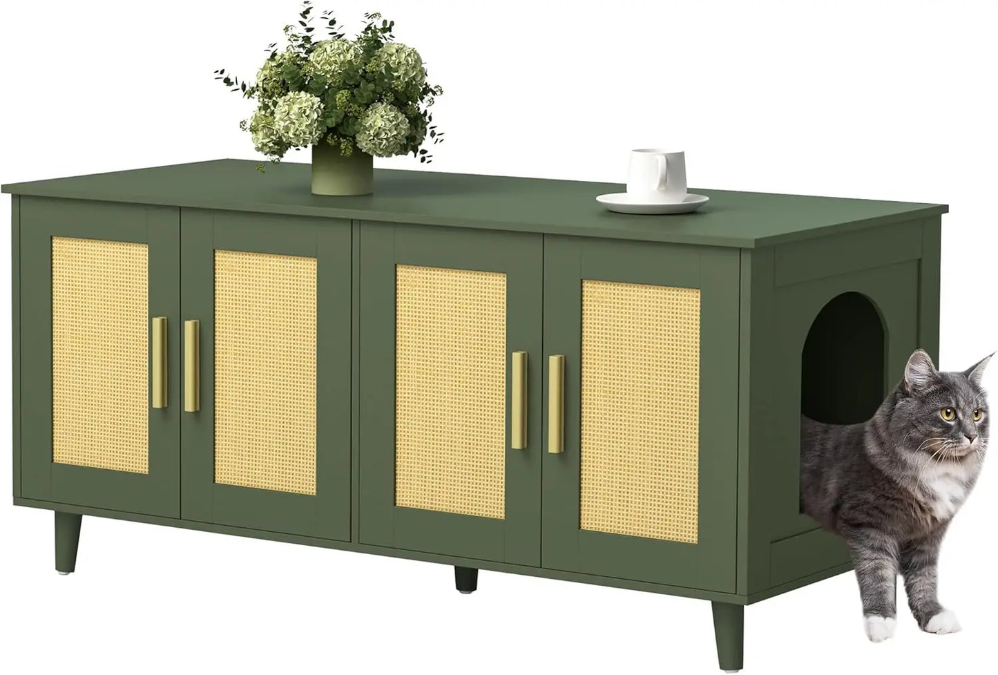 Enhance your home's décor with this Boho-inspired cat litter box enclosure. It is designed for two cats, and features double rattan decorated doors, concealing litter boxes within a stylish wooden washroom.