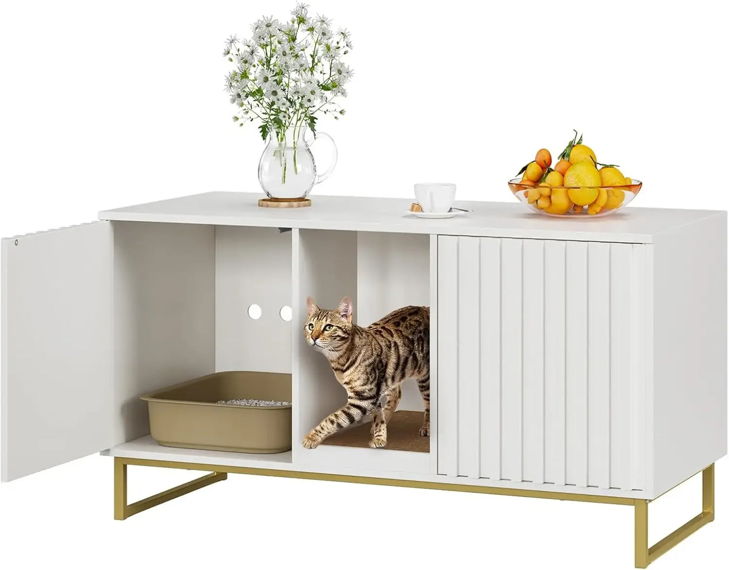 Spacious 47.6-inch double cat litter box enclosure by Fienveorn, designed as hidden furniture with a built-in scratch pad and dual compartments.