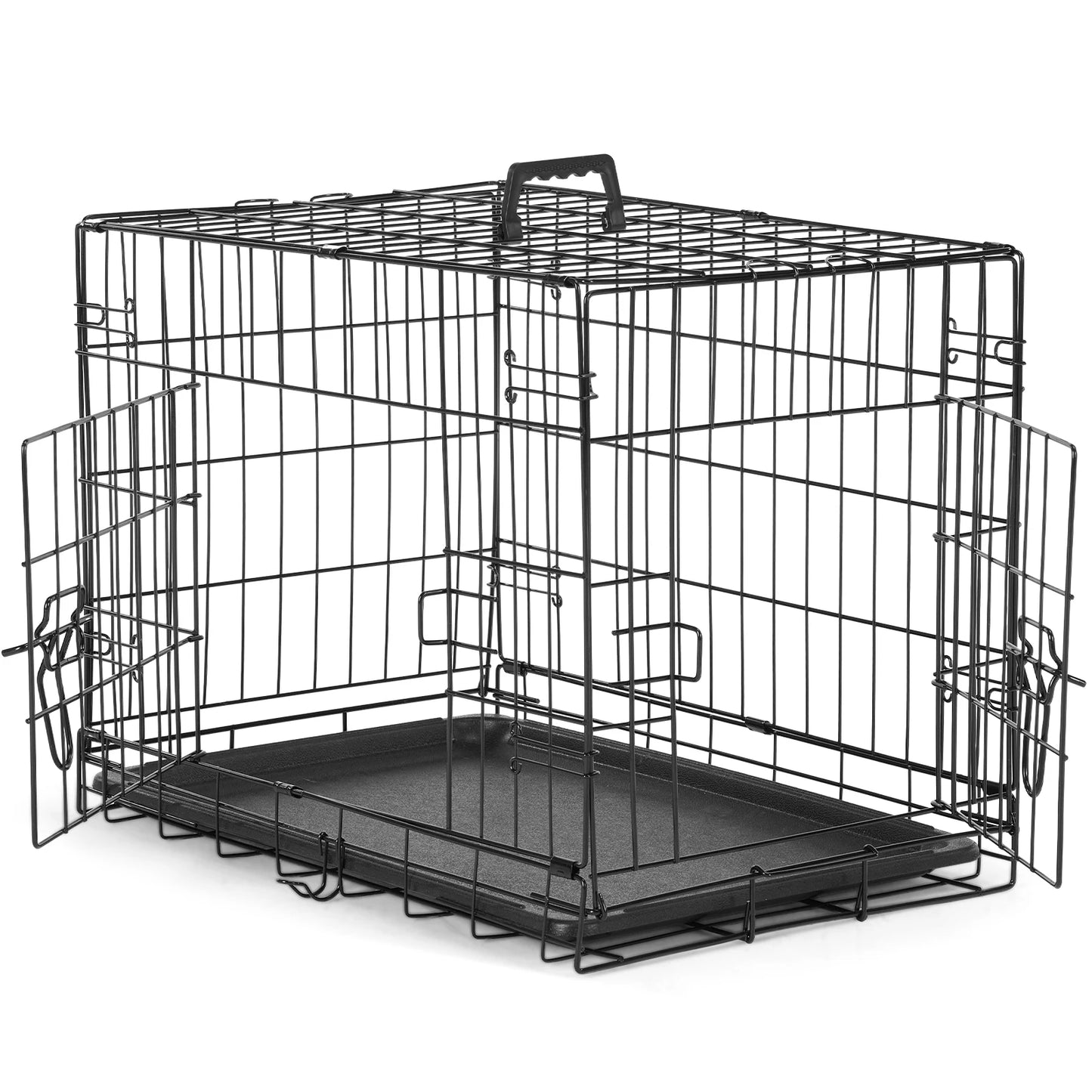 Double Door Folding Metal Wire Dog Cage with Plastic Leak-Proof Pan