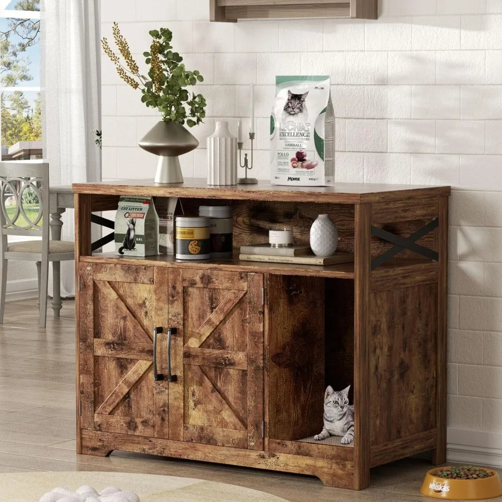 Stylish Cat Litter Box Furniture: Farmhouse End Table with Hidden Litter Area and Scratching Surface.