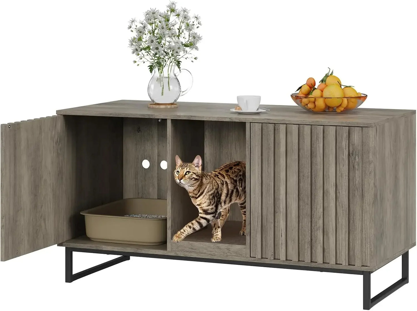 Spacious 47.6-inch double cat litter box enclosure by Fienveorn, designed as hidden furniture with a built-in scratch pad and dual compartments.