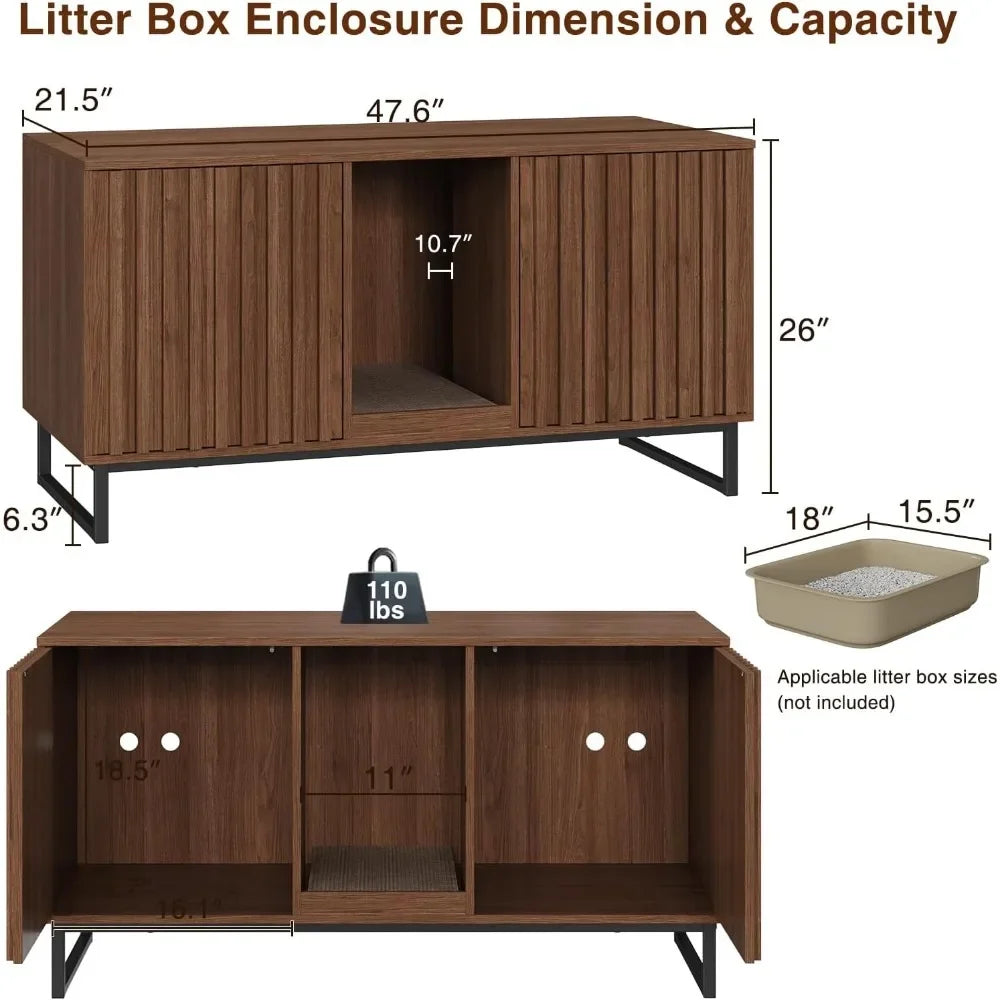 Spacious 47.6-inch double cat litter box enclosure by Fienveorn, designed as hidden furniture with a built-in scratch pad and dual compartments.