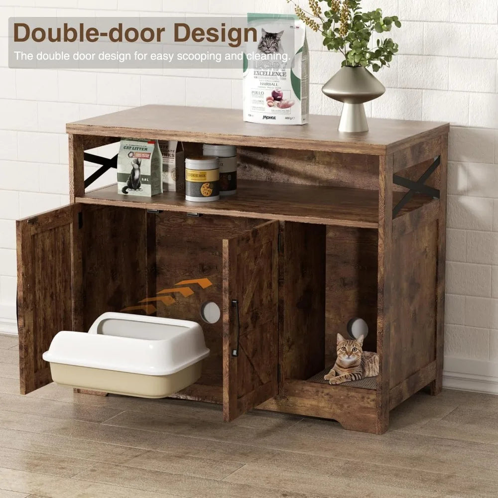 Stylish Cat Litter Box Furniture: Farmhouse End Table with Hidden Litter Area and Scratching Surface.