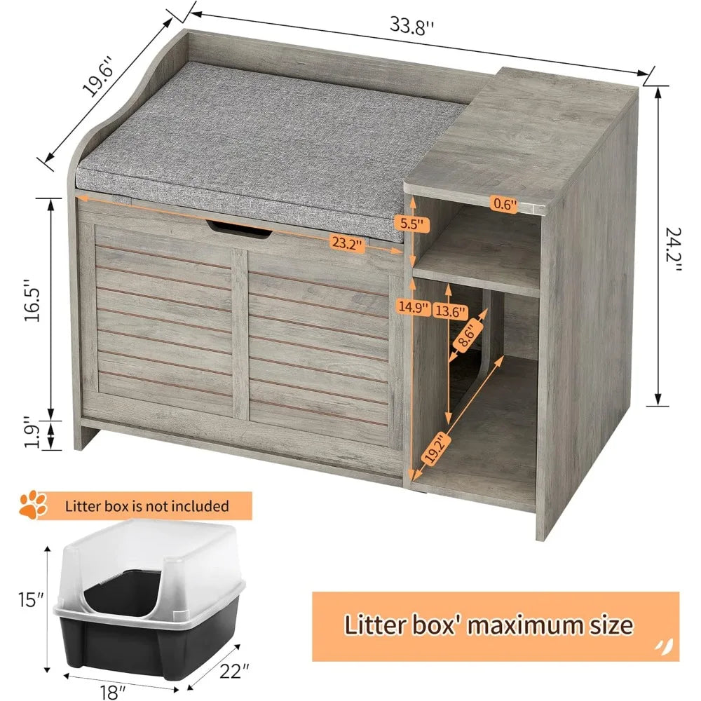 Stylish, Hidden Litter Box Enclosure with Top Opening with Cushion