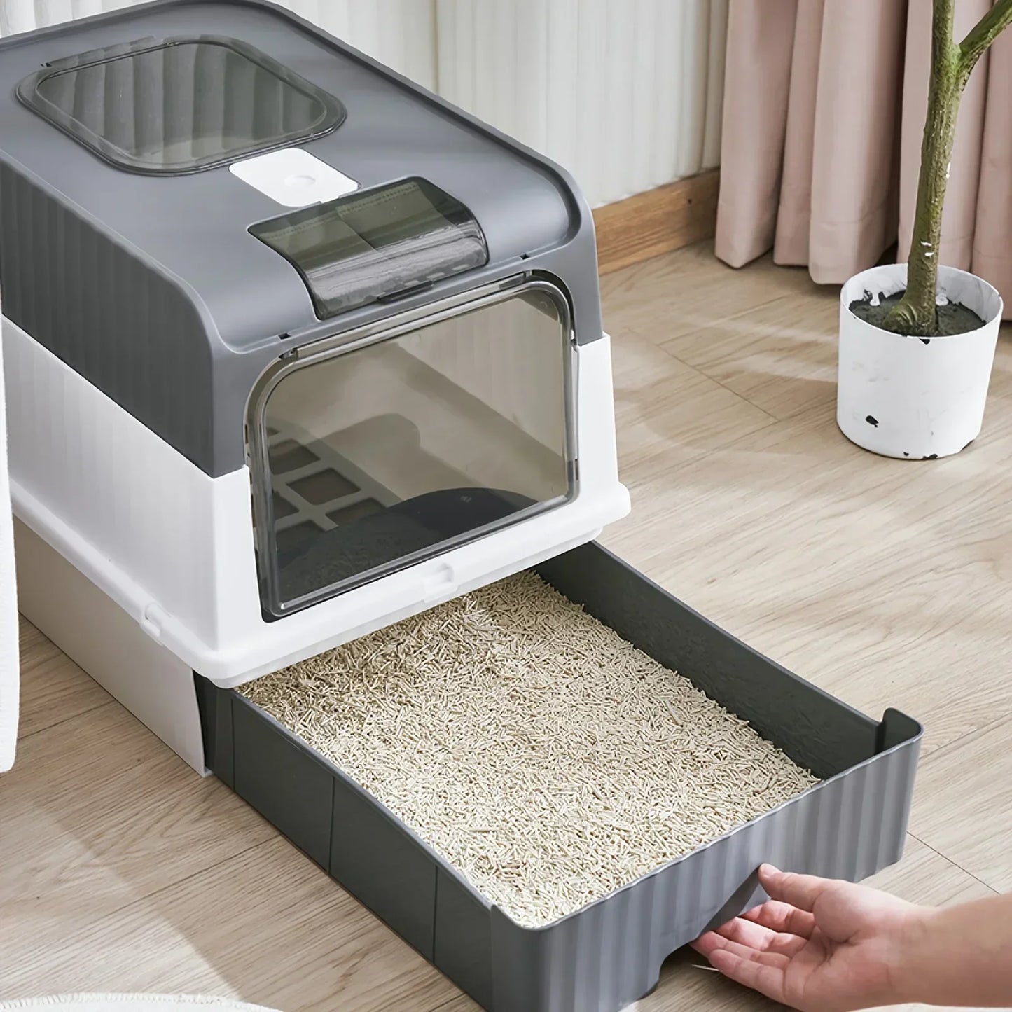 Fully Enclosed Drawer Style Portable Cat Box with Splash Guard and Spoon on Top for Pet Supplies