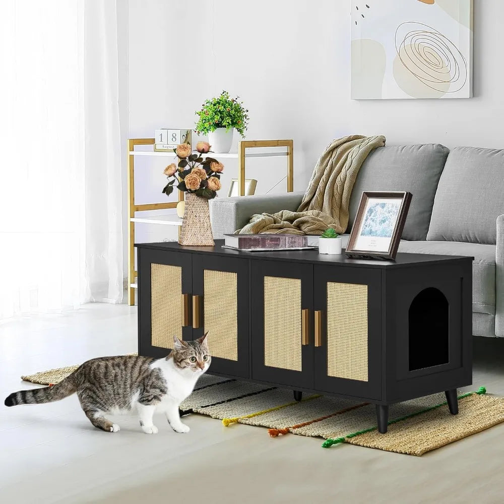 Enhance your home's décor with this Boho-inspired cat litter box enclosure. It is designed for two cats, and features double rattan decorated doors, concealing litter boxes within a stylish wooden washroom.