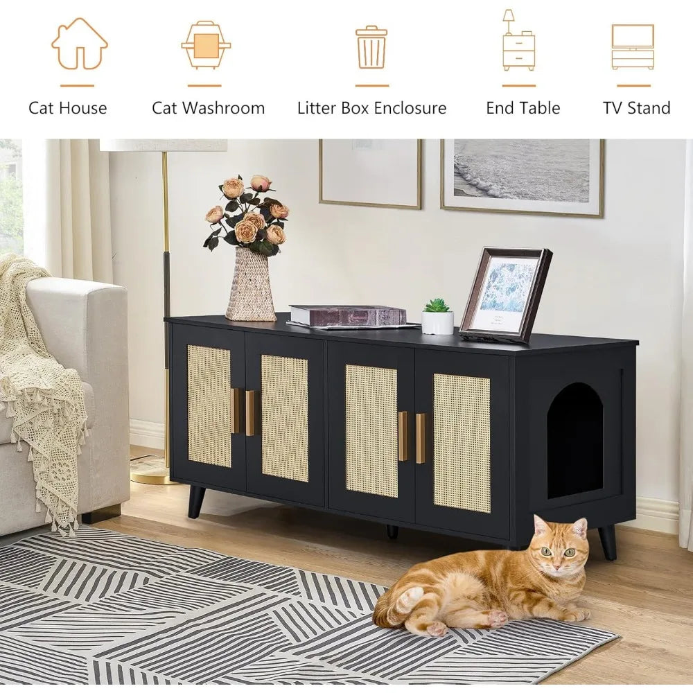 Enhance your home's décor with this Boho-inspired cat litter box enclosure. It is designed for two cats, and features double rattan decorated doors, concealing litter boxes within a stylish wooden washroom.