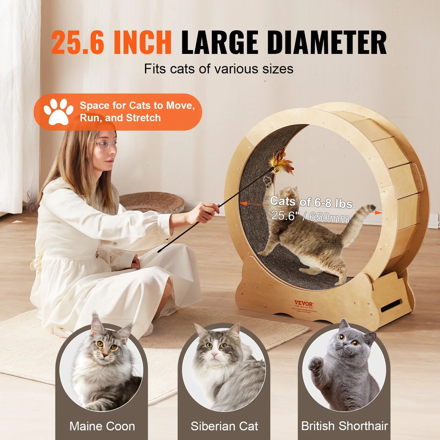 Silent Cat Exercise Wheel: Natural Wood Treadmill for Pet Fitness, with Detachable Carpet for Comfort